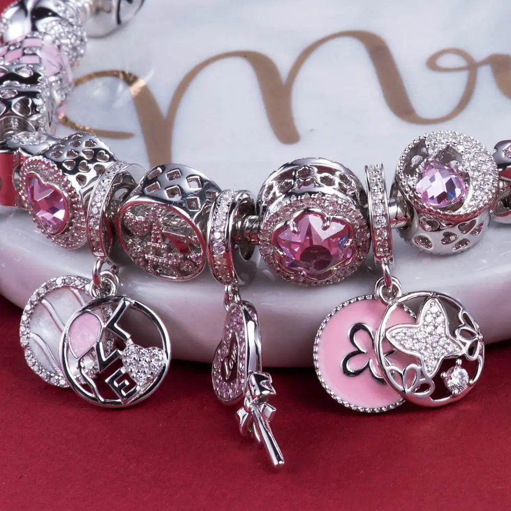 Видео! Розовый цветок бабочки танцевальные 925 пробы Серебряные Подвески подходят