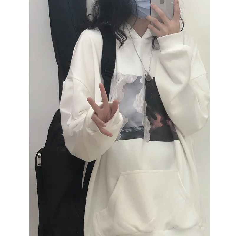 Толстовка женская оверсайз из чистого хлопка модный белый свитер пальто худи в