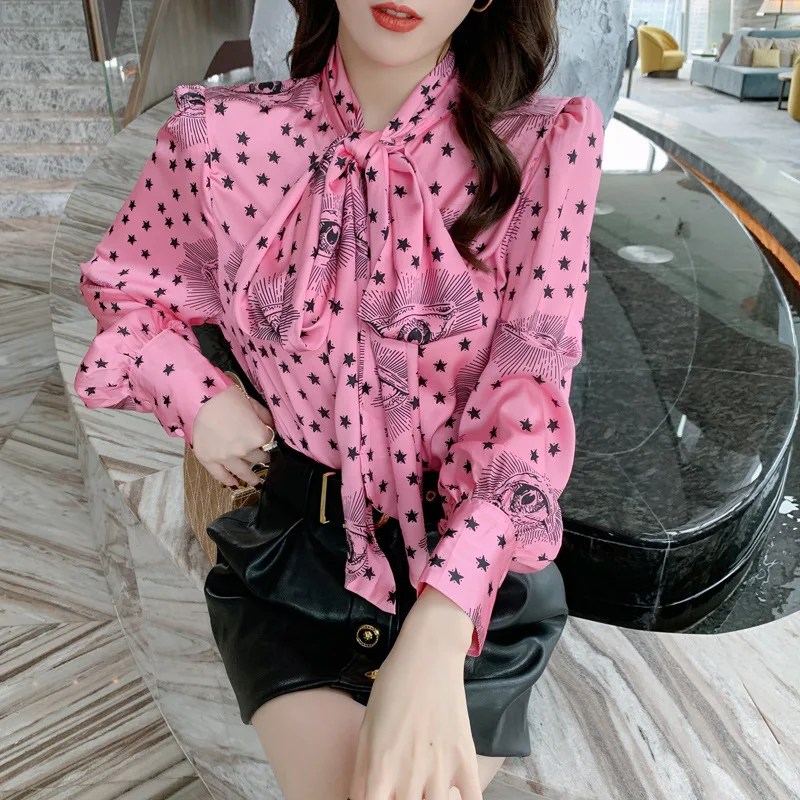 

Autumn Winter Runway Designer Fashion Two Piece Set for Women 2020 Print Polka Dot Blouse and Pu Leather Skirt Ladies 2 Piece