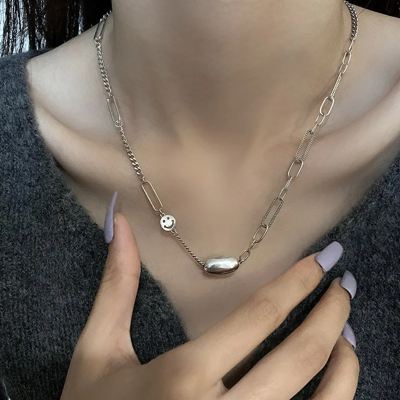 

TIMEONLY Japanese Style Oval Metal Smile Pendant Necklace Mix Chunky Chain Sweater Necklace for Women Ladies Hip Hop Jewellery