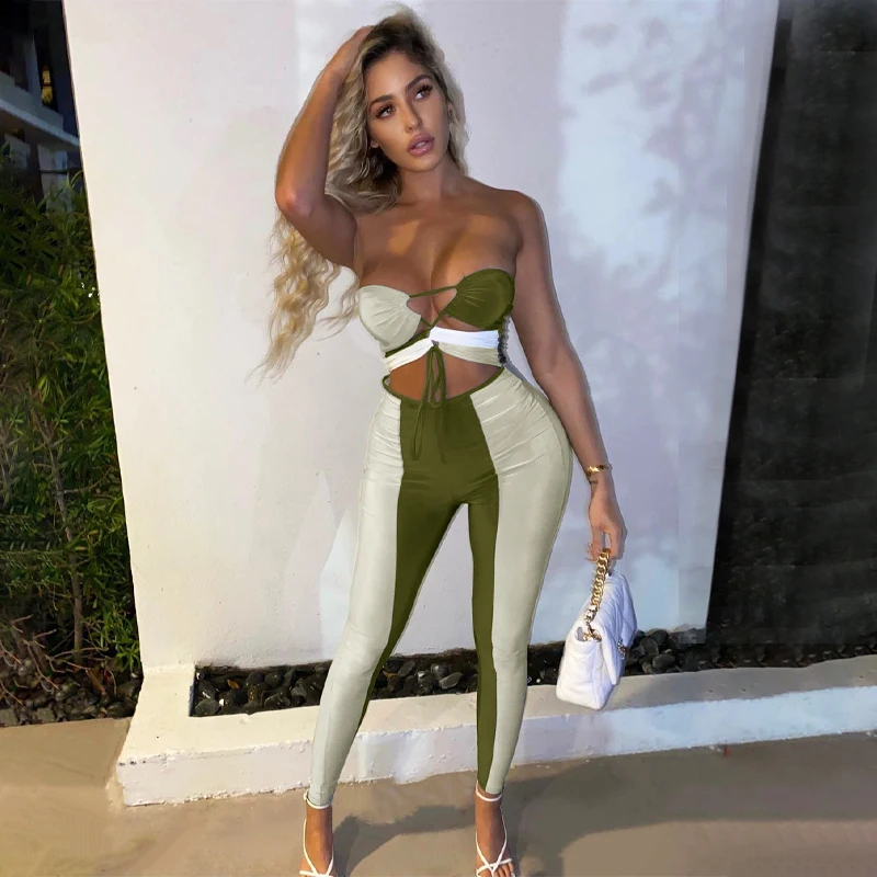 

Patchwork Women Tube Jumpsuit Lace Up Drawstring Ruched Hollow Out Bodycon Sexy Sporty Casual 2021 Summer Rompers