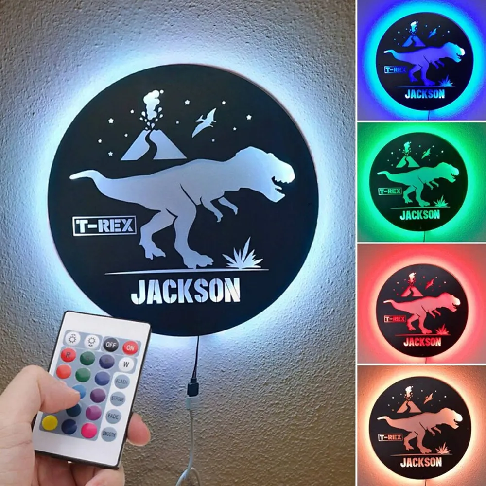 

Personalized Dinosaur LED Night Light Custom Name Wood Wall Lamp for Kids Birthday Party Gifts Home Decor Adjustable light color
