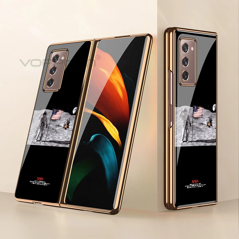 

Plating Tempered Glass Case For Samsung Galaxy Z Fold 3 5G Phone Cover Astronaut patter Hard Protective Case For Galaxy Z Fold3