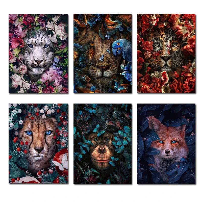 Картина в скандинавском стиле с изображением цветов животных лев тигр леопард