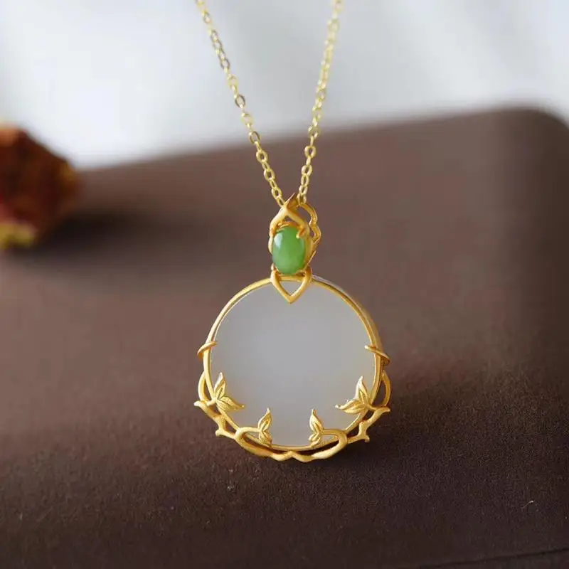 

Natural White Jade Hetian Jade round Plate Pendant Pendant S925 Sterling Silver Gilding Inlaid Jasper Buckle Good Luck