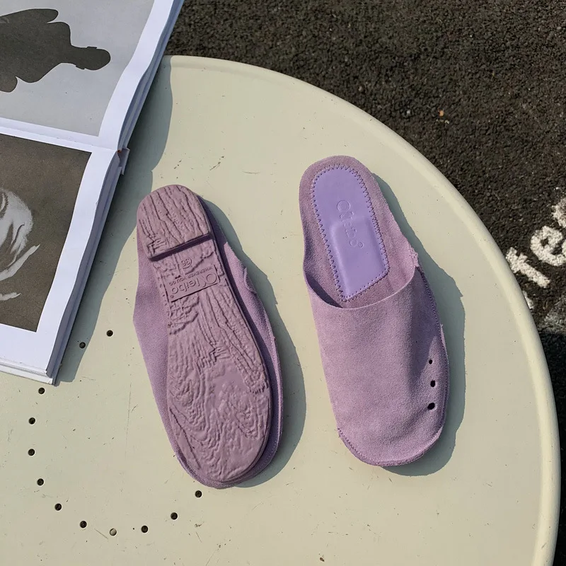

Loafers Rivet Slippers Soft Shoes Cover Toe Slides Slipers Women Female Mule Comfort Flat 2021 Mules Hoof Heels Retro Basic Fabr