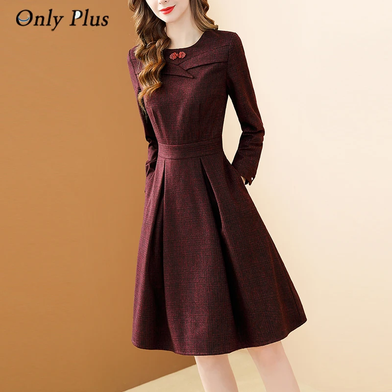

Only Plus Vintage Wine Woolen Dress Women Spring 2022 New Elegant O-neck A-line Long-sleeve Dresses Solid Office Lady Vestidos