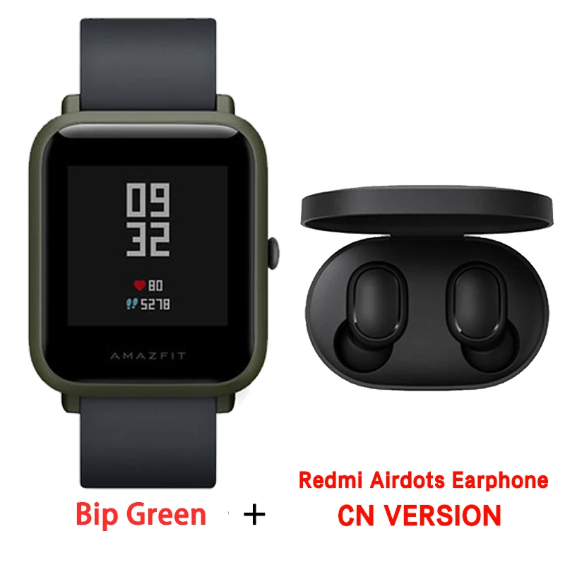 Green Airdots CN Глобальная версия Xiaomi Huami Amazfit Bip Смарт часы сердечного ритма мониторы gps Gloness Smartwatch 45 дней в режиме ожидания для телефона MI8 IOS - Цвет: Green Airdots CN