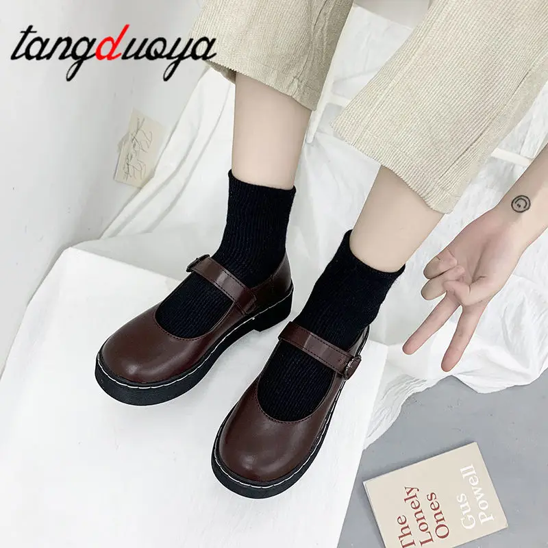 Лолита обувь на платформе японские туфли Для женщин круглый носок Пряжка ловушка