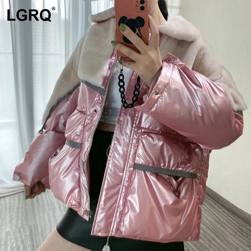 

[LGRQ] Fashion Chic Spliced White Duck Down Cotton Jacket Women's New Loose Stand Collar Zipper Warm Coat Women Tide Winter 2021