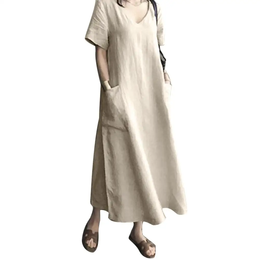 

Women Casual Solid Color Short Sleeve V Neck Pockets Large Hem Loose Long Dress