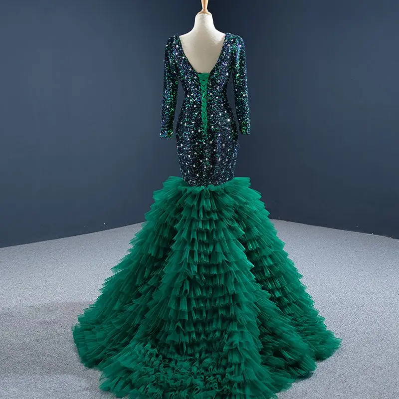 RSM67186 Green V-Neck Metal Sequins Frill Banquet Evening Dress 2021 Tiered Fishtail Backless Lace Up Party Gown