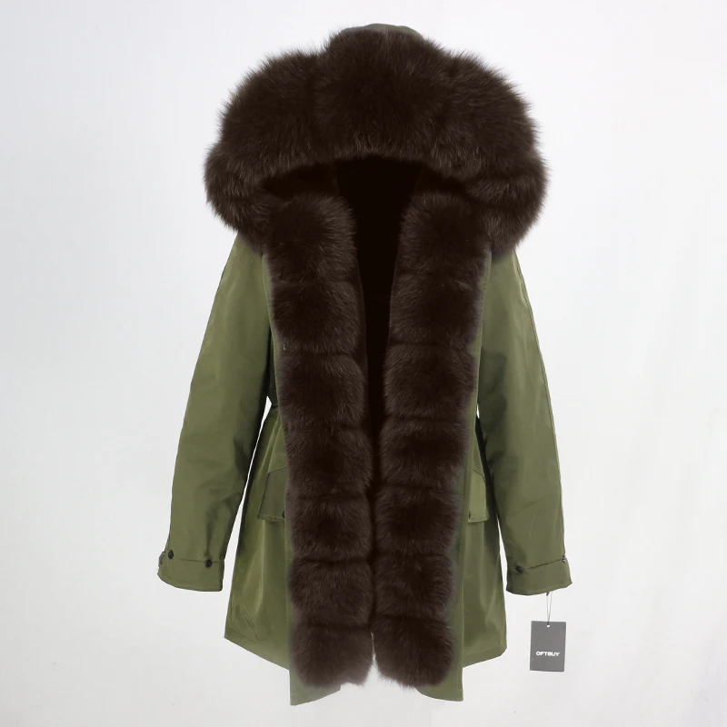 Женское пальто с натуральным мехом OFTBUY, чёрная куртка с воротником из натурального лисьего меха, водонепроницаемая длинная парка, теплая уличная верхняя одежда со съемным мехом для зимы - Цвет: green dark brown