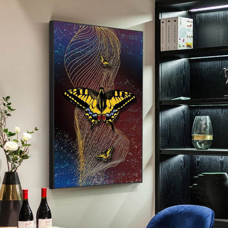 

Nordic Modern Gold Ribbon Butterfly Canvas Painting Abstract Poster and Prints Wall Art Picture for Living Room Home Hotel Decor