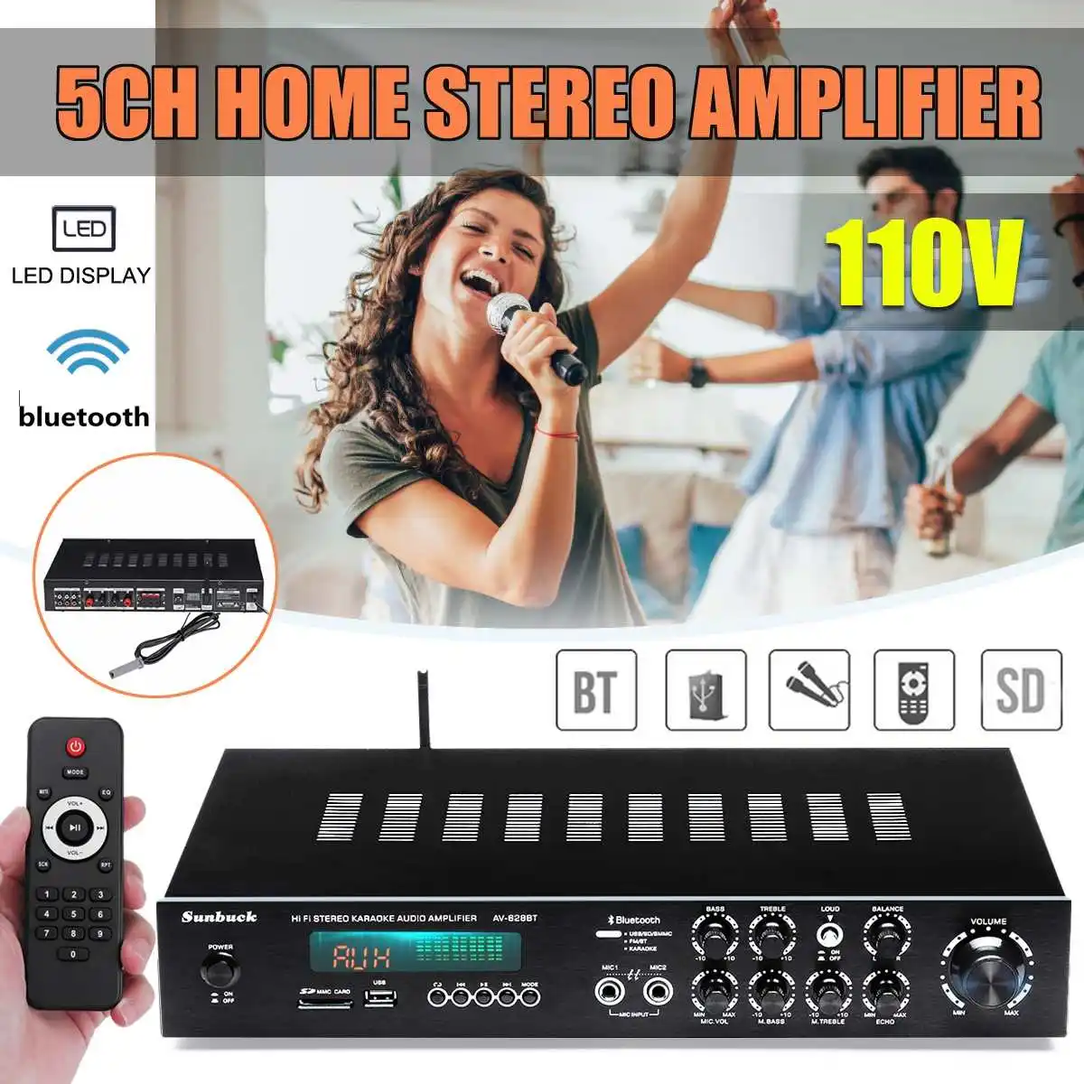 

Sunbuck AV-628BT 5CH bluetooth Amplifier 4ohm Stereo Surround Power Amplifier Digital Powerful Home Karaoke Cinema Music Player