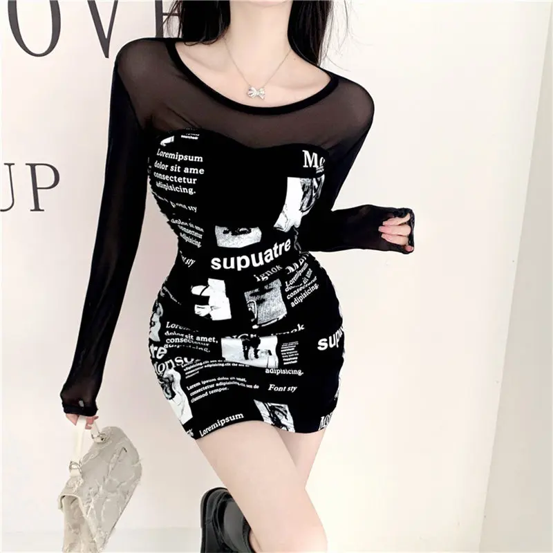 

Real shot 2022 new mesh stitching printing fake two sexy temperament slim long-sleeved hip dress