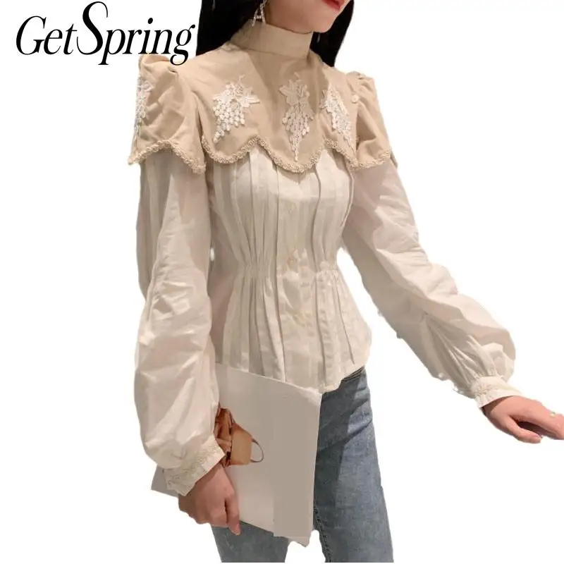 

Блузка GetSpring женская с воротником-стойкой, рубашка с длинными рукавами-фонариками в стиле пэчворк, топ в стиле ретро, на осень и зиму