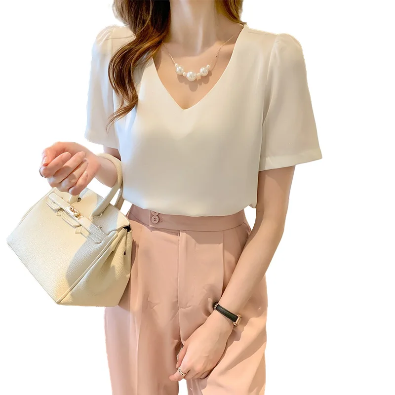 

Real shot 2021 summer new Korean version of wild V-neck short-sleeved chiffon shirt blouse summer shirt
