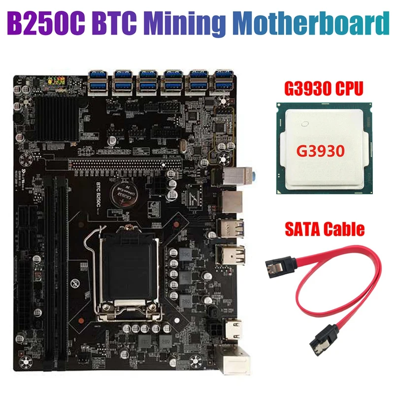 

B250C BTC Mining Motherboard with G3930 CPU+SATA Cable 12XPCIE to USB3.0 Graphics Card Slot LGA1151 Supports DDR4 RAM