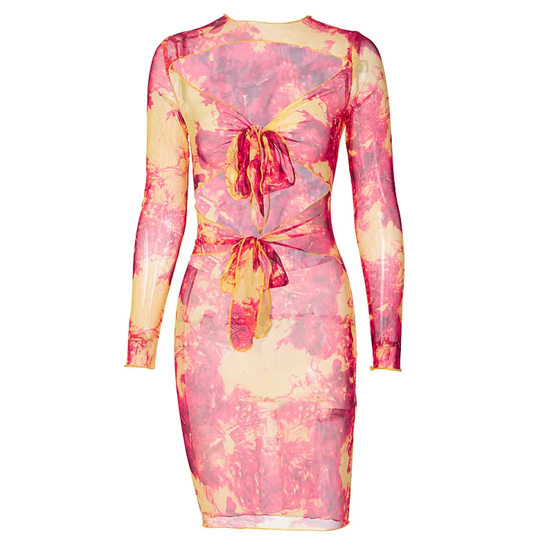 

Europe and the United States autumn and winter 2021 explosive new women's dress bosom tie bosom camouflage long sleeve dress