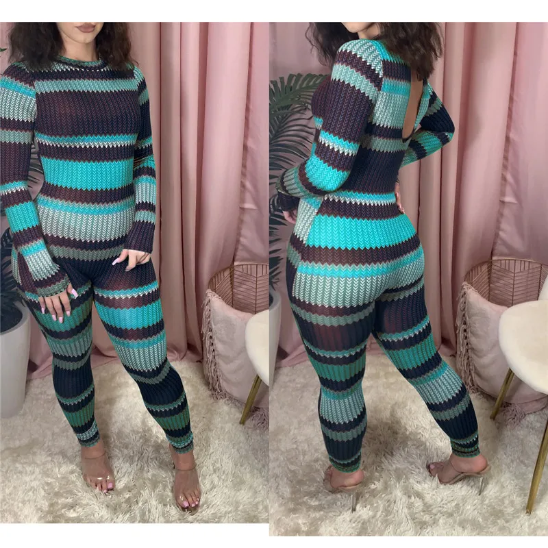 

Imcute Autumn Striped Print Bodycon Jumpsuit Women Skinny Active Wear O-neck Sexy Club Rompers Long Sleeve One Piece Overalls