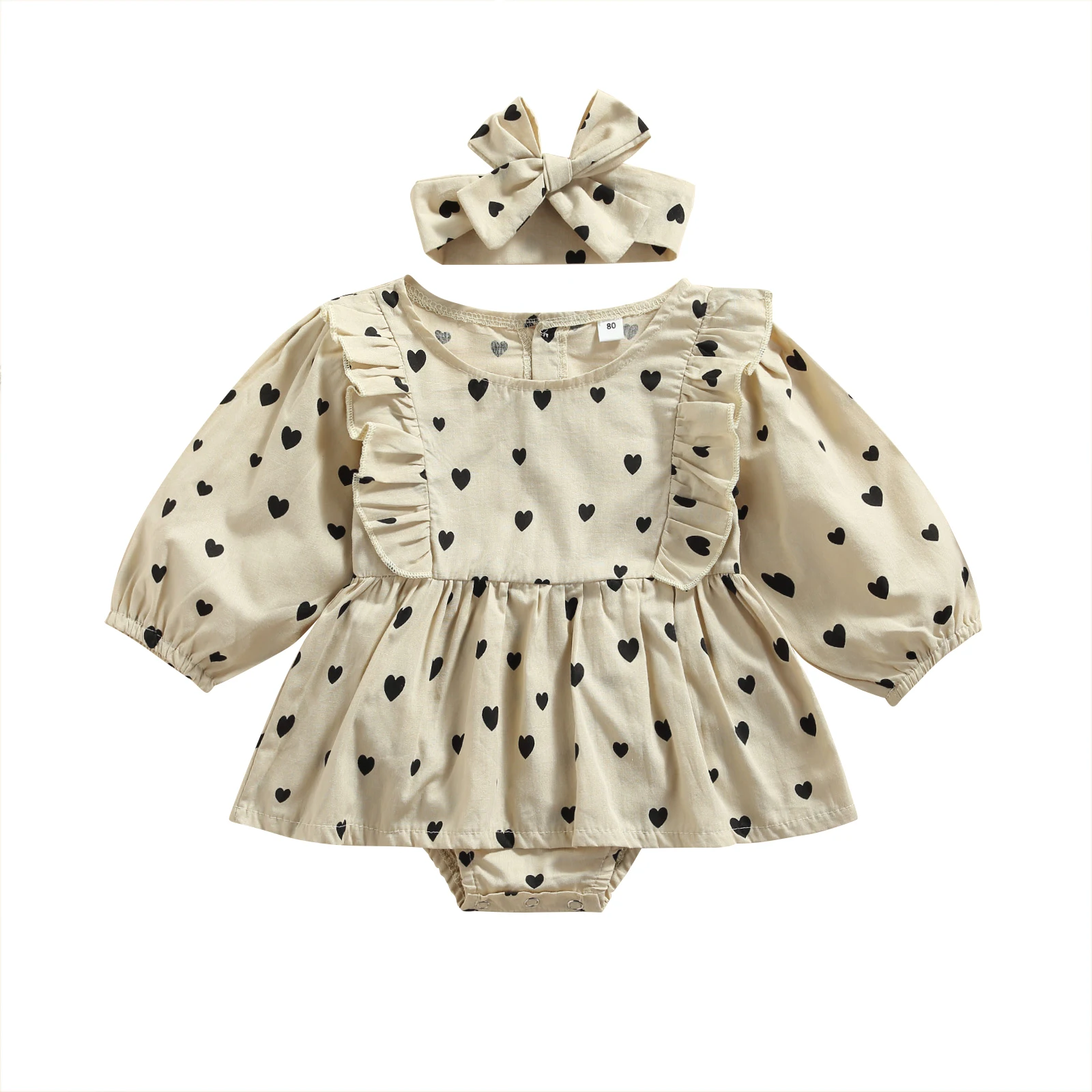 

Toddler Long Sleeve Romper Dress with Bow Headband Lover Heart Pattern Print Ruffle Decoration Spring Clothing