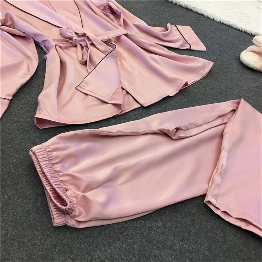 

2021 Satin Silk Sexy Pajamas Sets for Women Suit Pink Home Sleepwear Night Long Sleeve Loungewear 2Pcs Clothing Pant