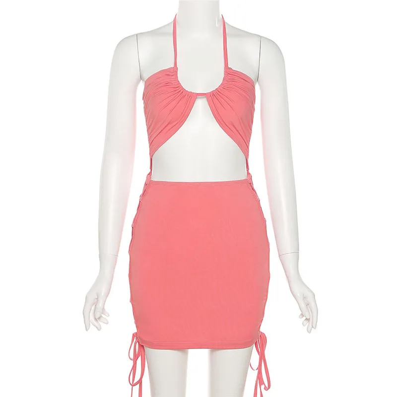 

Bandage Hollow Out Neck-Mounted Women Sexy Club Mini Dress Elastic Fashion Skinny Dresses Hipster Streetwear Outfits