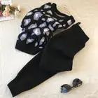Женский трикотажный костюм, повседневный комплект из 2 предметов, пуловер с длинным рукавом и штаны-шаровары, черные брюки до щиколотки, осень