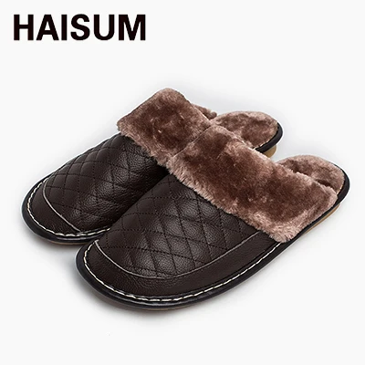 Dark brown Мужские тапочки; зимние домашние Нескользящие термальные тапочки из натуральной кожи; Новинка года; Лидер продаж; Haisum H-8828 - Цвет: Dark brown