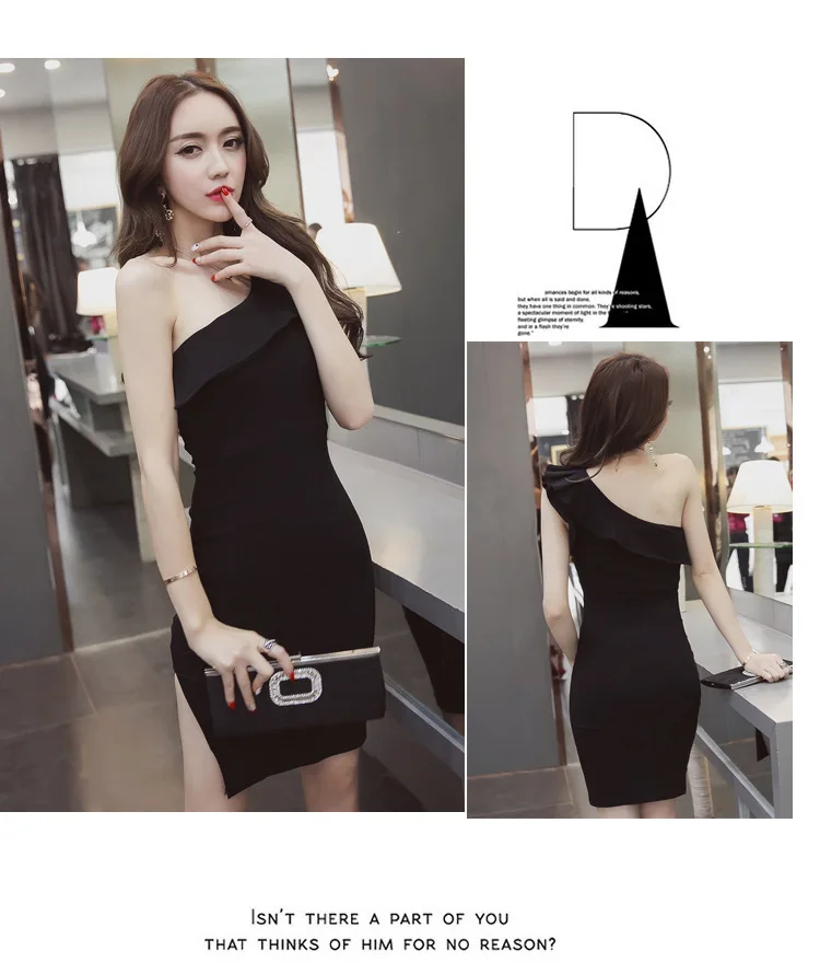 Ladies Sleevelss Sheath Ruffle Wrap Black Mini Dress Women Sexy Dinner Dresses for Women Red One-Shoulder Evening Party Dress