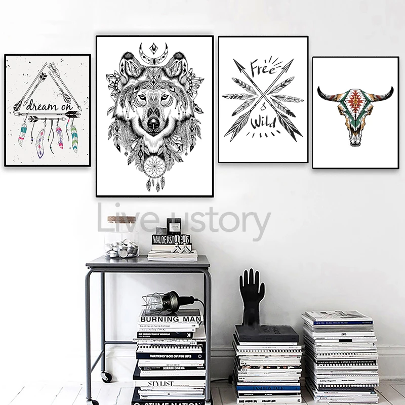 Ручная роспись волк в ацтекском стиле настенный художественный принт и плакат