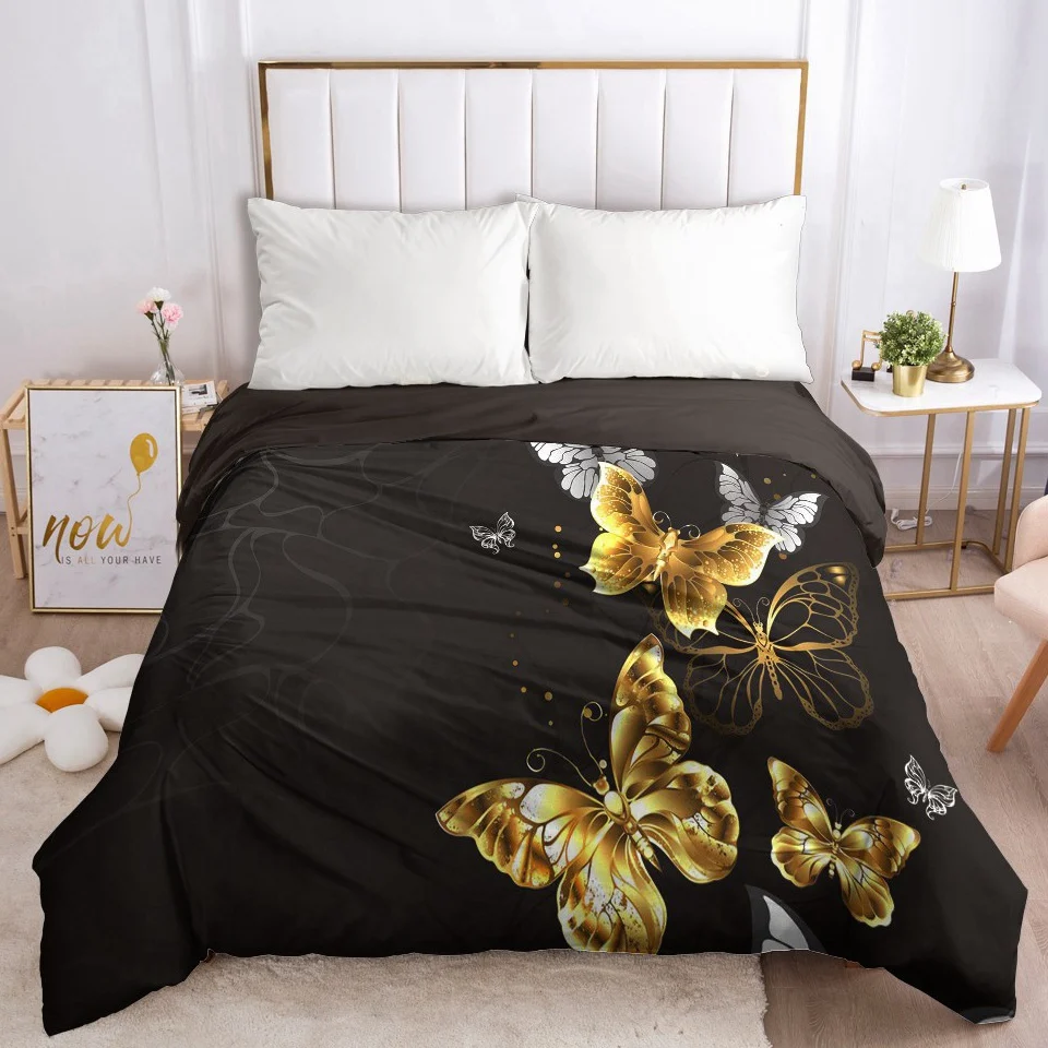 

Luxury Duvet Cover with Zipper Comforter Blanket Quilt Cover 220*240 200*200 3D Black Gold Butterfly Bedding for Wedding