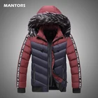 Парка мужская зимняя с меховым воротником, Бомбер, Повседневная теплая парка с капюшоном, плотный ветрозащитный пуховик в стиле пэчворк