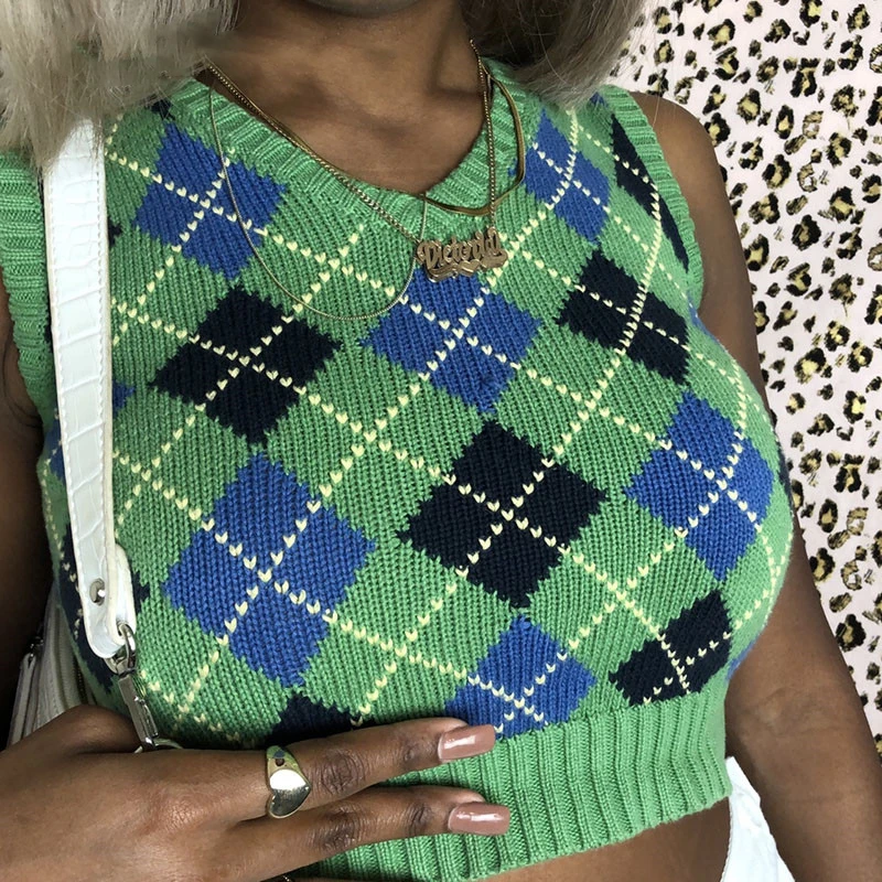 

V Neck Vintage Argyle Plaid Cropped Sweater Vest Autumn Casual Sleeveless Tank Knitted Jumper Women V Neck Fashion Streetwear