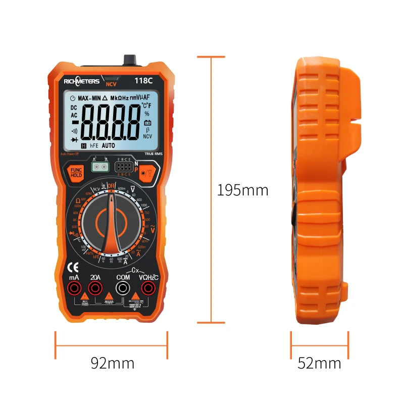 RICHMETERS 118C Digital Multimeter 6000 Counts 20A NCV HFE True-RMS 100mF capacitance Magnet AC/DC Voltage Current Temperature