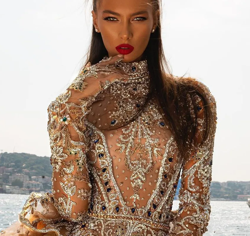Luxury Beading Short Prom Dresses with Detachable Train Crystal High Neck Long Sleeve Evening Gowns Dubai Arabic Formal Wear