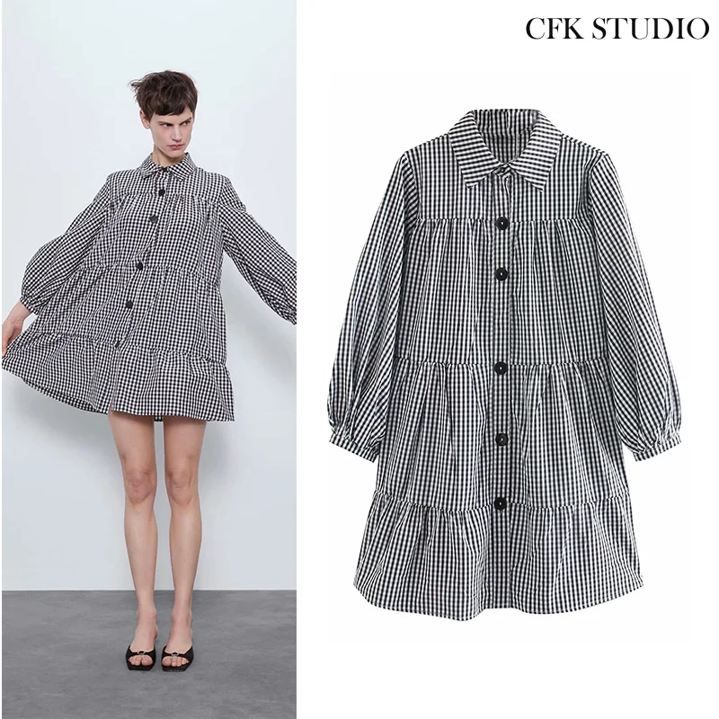 Трапециевидный женский хлопковый Minidress Za пикантный клетчатый принт с круглым
