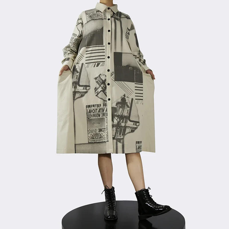 

SuperAen 2022 New Spring Loose Shirt Full Printed Turn-down Collar A-LINE Casual Dresses for Women