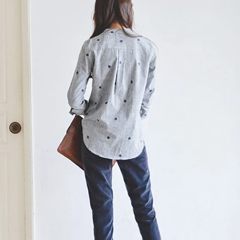 Мода Новый 2019 г. серый Женская блузка в полоску рубашка с длинным листьев рукавом