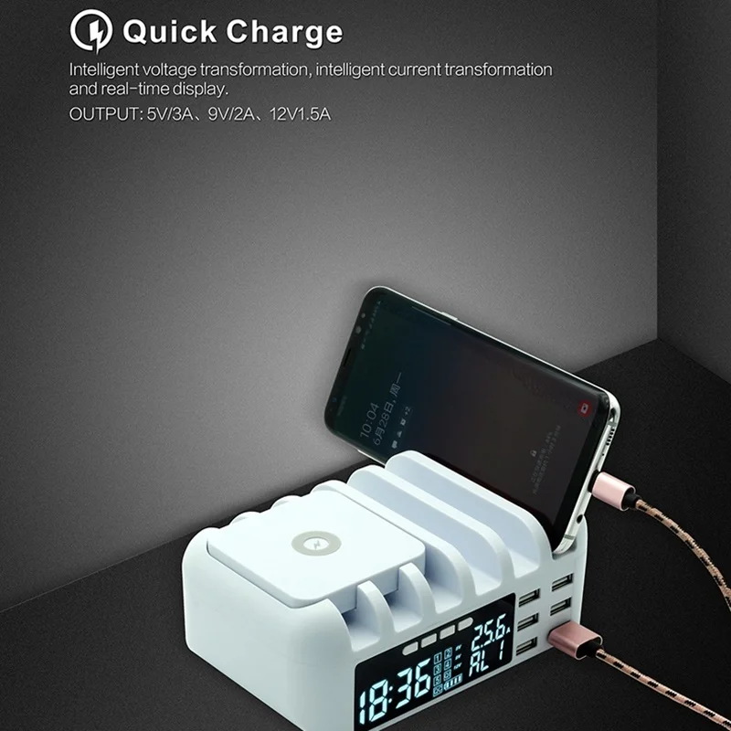 48w multi phone usb wireless charger with clock for iphone 11 12 pro max qc 3 0 lcd fast charging station for samsung xiaomi free global shipping
