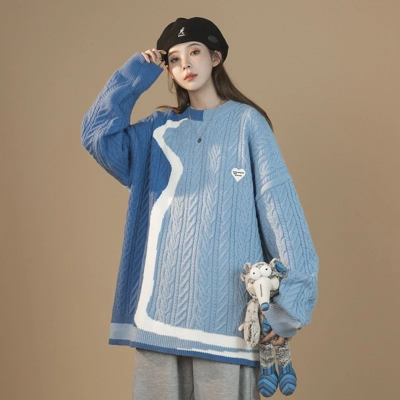 

Lovers' casual round neck sweater contrast color loose casual coat lazy trend autumn and winter 2021