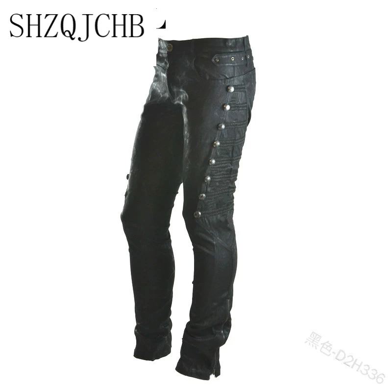 

JCHB Women Fashion Vintage Rivets Pencil Pants Ladies High Waist Skinny Trouser Solid PU Leather Leggings Pants