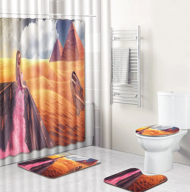 

Zeegle Shower Curtain and Bath Mat Set Anti Slip Bathroom Toilet Pedestal Rug Foot Mat Waterproof Bathroom Curtain Toilet Set