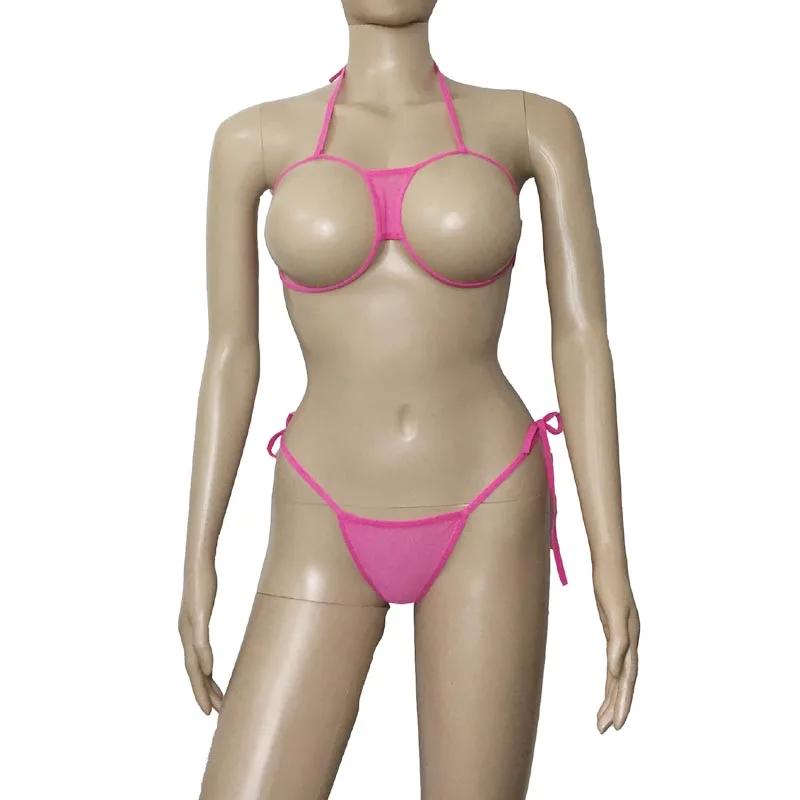 Женский сексуальный комплект бикини с открытой грудью розовый нижнего белья