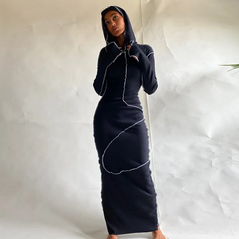 

2020 Long Sleeve Hooded Patchwork Skinny Maxi Dress Autumn Winter Women Fashion Streetwear Casual Outfits