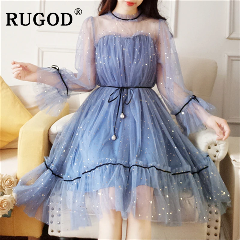 Женское кружевное платье с блестками RUGOD корейское вечернее однотонное в сеточку