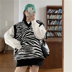 Женский полосатый жилет с зеброй, винтажный свободный Трикотажный жилет без рукавов с V-образным вырезом в Корейском стиле, Женская Зимняя Блузка, Осень-зима 2020