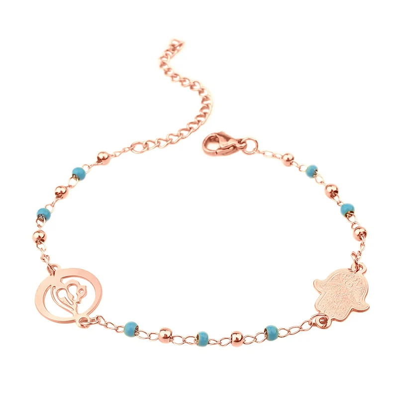 Rose Gold FINE4U B229 нержавеющая сталь мусульманская Хамса талисманы браслет смешанные цвета бусины браслеты для Ислам Четки ювелирные изделия - Окраска металла: Rose Gold