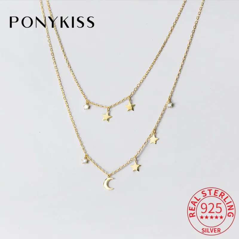 

PONYKISS Romantic S925 Sterling Silver Double Layer Stars and Moon Zircon Choker Necklace for Women Party Fine Jewelry Accessory